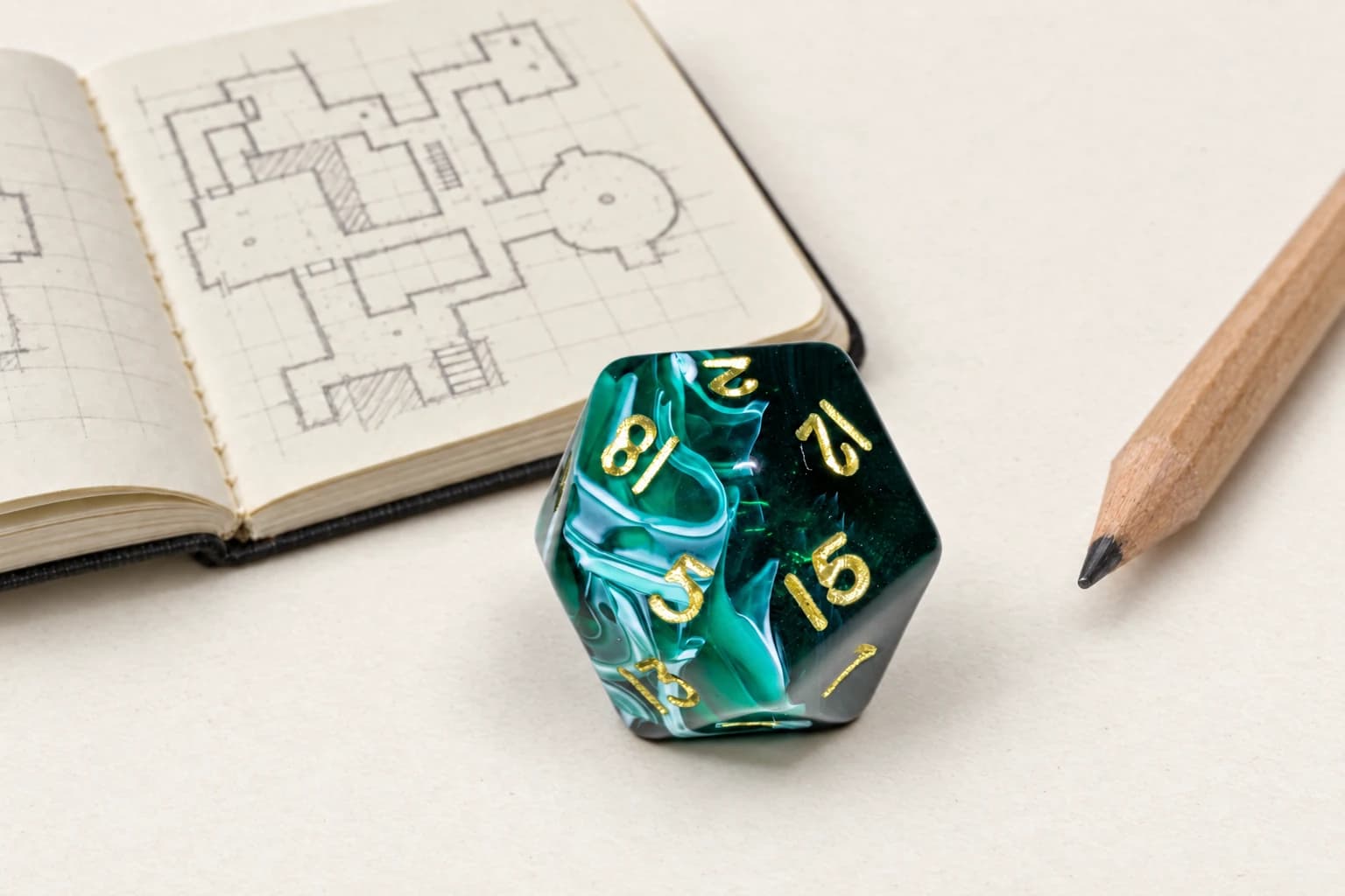 Illustration de jeu de rôle : dé vert à vingt faces, carnet avec un plan de donjon et crayon.